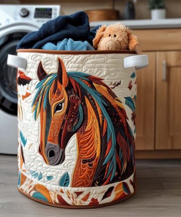 Horse Quilted Laundry Basket - Decorative Fabric Hamper, Large Capacity, Foldable Fabric Hamper With Sturdy Handles & Easy-Care