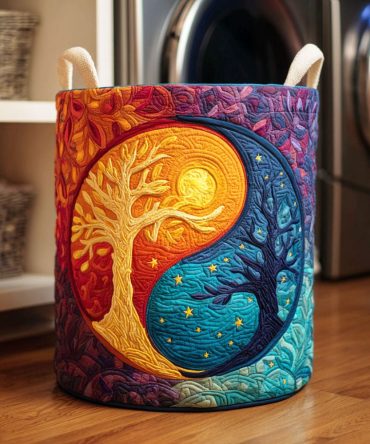 Eternal Balance Tree Quilted Fabric Hamper — Elegant Nature-Inspired Laundry Basket, Foldable Storage With Comfortable Carry Handles