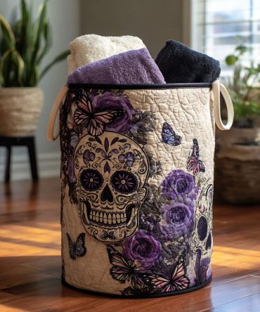 Eternal Bones Quilted Hamper — Edgy Skull Print Fabric Laundry Basket, Foldable Decorative Storage With Handles For Dorm & Home