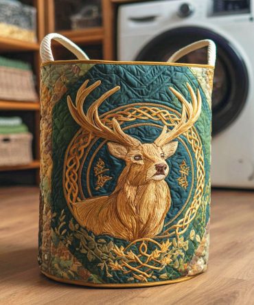 Eternal Deer Spiral Quilted Laundry Hamper — Durable Decorative Fabric Basket, Foldable Storage With Liner & Carry Handles For Home