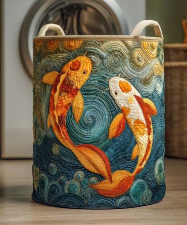 Eternal Flow Koi Quilted Laundry Hamper — Serene Koi Fish Foldable Fabric Laundry Basket, Decorative Storage For Bathroom & Bedroom