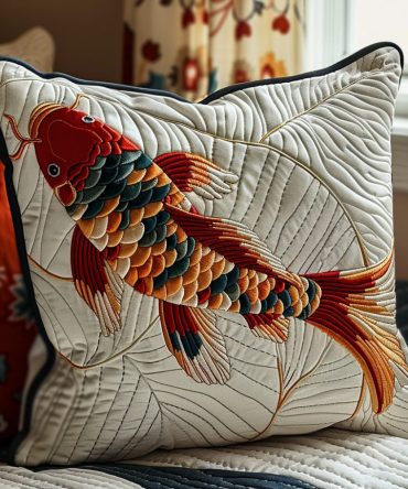 Eternal Koi Quilted Pillow Cover - Elegant Koi Fish Motif, Soft Cotton Blend, Artisan-Style Decorative Throw For Bedroom