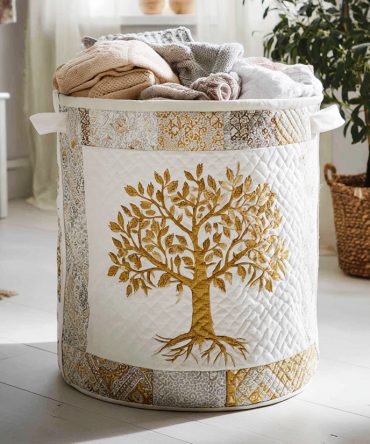 Eternal Roots Quilted Laundry Basket — Timeless Botanical Fabric Hamper, Collapsible Organizer With Handles For Stylish Storage
