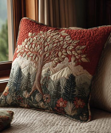 Eternal Roots Quilted Throw Pillow Cover — Botanical Tree Design Decorative Pillow Case For Living Room & Meditation Spaces