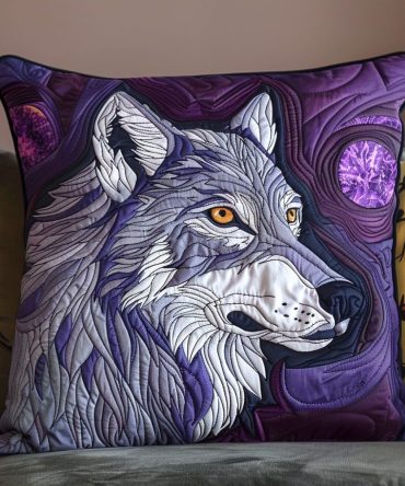 Ethereal Purple Wolf Quilted Cushion Cover — Mystical Decorative Pillowcase With Luxurious Quilting For Boho & Contemporary Spaces