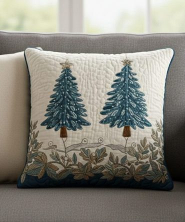Evergreen Sparkle Quilted Holiday Pillow Cover — Shimmering Pine Tree Throw Case For Christmas Mantel, Festive Quilted Décor, Washable