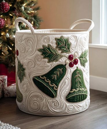 Evergreen Bells Quilted Laundry Hamper - Christmas Pine & Bell Motif Fabric Basket, Collapsible, Large Capacity, Durable & Machine-Washable