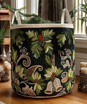 Evergreen Blessings Quilted Laundry Hamper - Festive Green Holiday Clothes Organizer With Sturdy Handles, Seasonal Storage