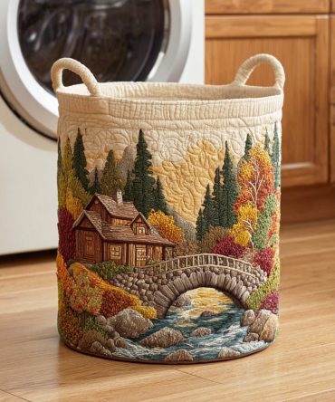 Evergreen Cabin Haven Quilted Laundry Hamper - Pine Forest Print Foldable Fabric Storage Basket With Durable Handles For Home