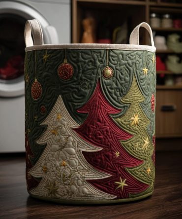 Evergreen Quilted Christmas Laundry Hamper — Pine Tree Fabric Storage Basket, Foldable Holiday Laundry Organizer With Carry Handles