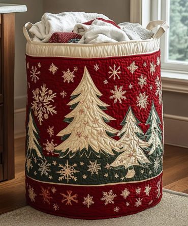 Evergreen Glow Quilted Laundry Hamper — Festive Evergreen Pattern Foldable Laundry Basket, Durable Quilted Fabric, Stylish Storage