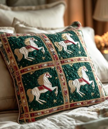 Evergreen Horses Quilted Pillow Cover — Rustic Holiday Throw Pillowcase For Farmhouse, Cabin & Seasonal Home Styling