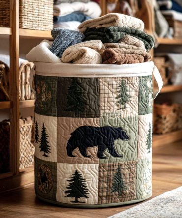 Evergreen Path Quilted Laundry Hamper — Durable Decorative Fabric Laundry Bin With Handles, Collapsible & Easy-Care Cover