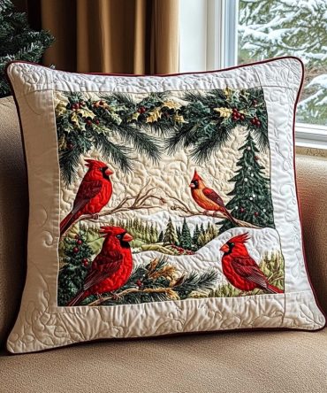 Evergreen Perch Quilted Decorative Pillow Cover - Rustic Pine & Bird Throw Pillowcase, Quilted Soft Microfiber Accent For Cabin Or Living Room