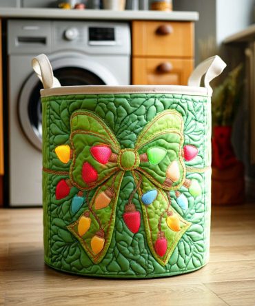 Evergreen Ribbon Charm Quilted Laundry Hamper - Sturdy Collapsible Fabric Basket With Evergreen Motif, Lined Holiday Storage & Decorative Accent