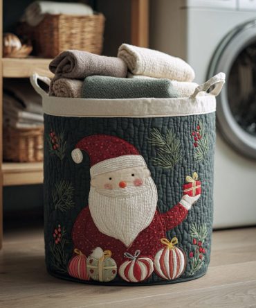 Evergreen Santa Quilted Laundry Hamper — Holiday-Themed Clothes Basket, Collapsible Fabric Bin With Strong Handles For Easy Transport