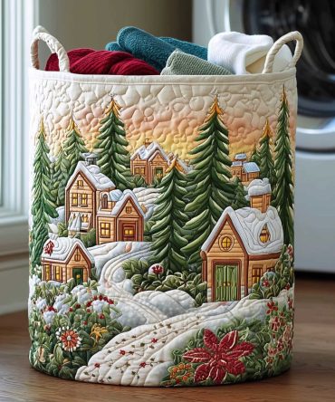 Evergreen Village Quilted Laundry Hamper — Cozy Woodland Holiday Fabric Storage Basket With Reinforced Handles