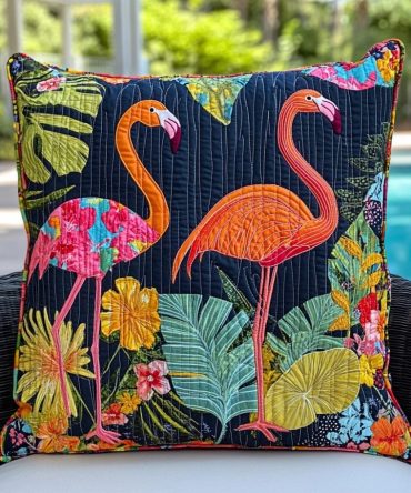 Exotic Flamingo Quilted Pillow Cover - Bold Tropical Flamingo Pillowcase, Luxurious Soft Quilting, Fade-Resistant Fabric, Easy Care
