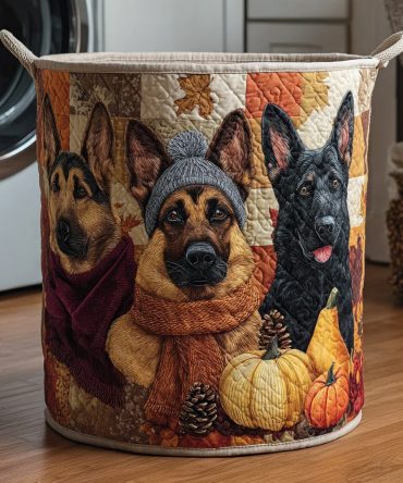 Fall German Shepherds Quilted Laundry Hamper — Autumn Dog Print Foldable Fabric Basket With Handles, Durable & Washable