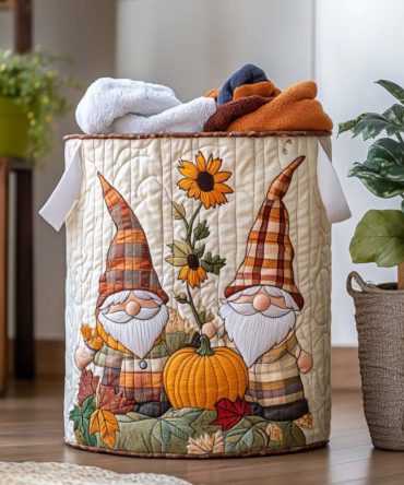 Fall Gnome Gathering Quilted Laundry Hamper – Festive Autumn Gnome Laundry Basket, Spacious Decorative Hamper With Handles & Foldable Design