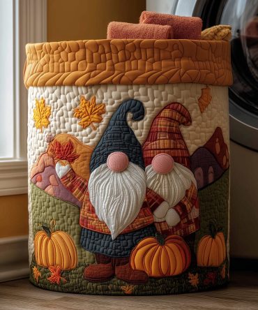 Cozy Fall Harvest Gnome Quilted Laundry Hamper — Large Rustic Fabric Basket For Autumn Decor, Nursery, Kids & Gifts — Foldable & Durable