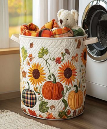 Falling Joy Quilted Laundry Hamper — Autumn Motif Collapsible Fabric Basket With Comfortable Handles & Durable Base For Everyday Use
