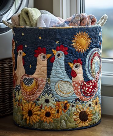 Family Hens Quilted Laundry Hamper – Rustic Family Chicken Design Foldable Laundry Basket, Quilted Farmhouse Storage Bin