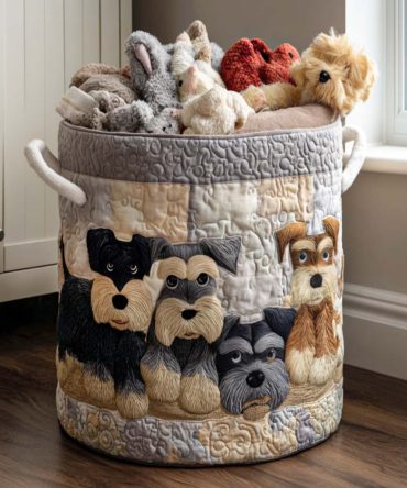 Family Schnauzer Quilted Laundry Hamper – Personalized-Look Schnauzer Family Foldable Laundry Basket For Dog Lovers & Home Decor