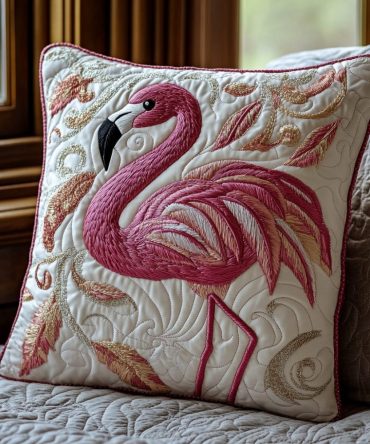 Fancy Flamingo Quilted Decorative Pillowcase – Elegant Pink Flamingo Quilted Sham, Soft Cotton-Blend Accent For Chic Bedrooms & Lounges