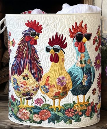 Fancy Flock Quilted Laundry Hamper — Chic Feather Motif Fabric Bin, Collapsible Decorative Hamper With Carry Handles For Stylish Storage