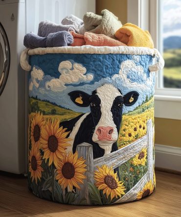 Farmhouse Cow Quilted Laundry Hamper - Rustic Quilted Linen Basket, Collapsible Durable Hamper For Country & Modern Homes