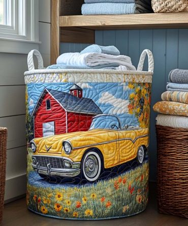 Farmhouse Drive Quilted Laundry Organizer — Rustic Quilted Fabric Hamper With Handles, Collapsible Storage For Country-Style Homes