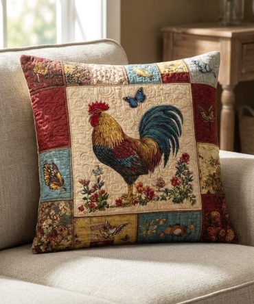 Farmhouse Hen Cluster Quilted Pillow Cover - Country Chic Cotton Sham With Rooster Motif For Cozy Rustic Home Decor