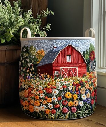 Farmstead Charm Quilted Fabric Hamper — Durable Quilted Laundry Basket With Carry Handles, Foldable Rustic Storage For Clothes & Linens