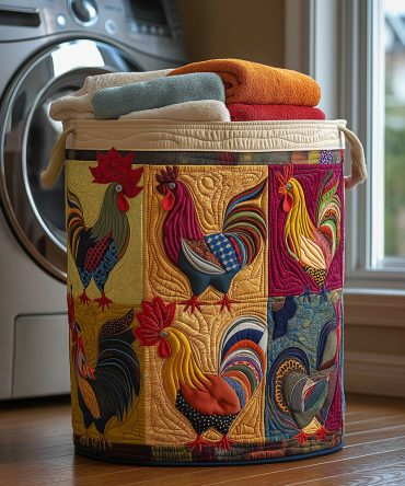 Farmyard Rooster Quilted Laundry Hamper – Classic Rooster Print Foldable Laundry Basket, Durable Country Kitchen Storage
