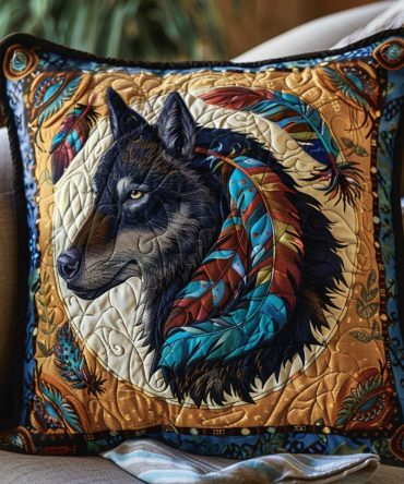 Luxury Quilted Throw Pillow Cover With Feathered Black Wolf Design — Soft Decorative Pillow Case For Couch, Bedroom & Rustic Home Décor