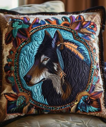 Feather Frame Wolf Quilted Pillow Cover — Unique Artistic Throw Pillow Case For Boho, Rustic & Modern Nature-Themed Interiors