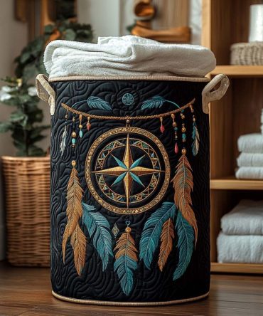 Quilted Fabric Laundry Hamper With Feather Compass Print — Large Foldable Laundry Basket With Handles & Washable Liner For Home