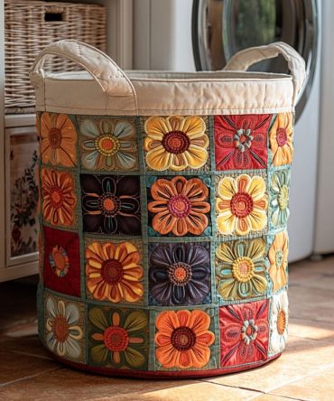 Feather Orbit Quilted Laundry Hamper — Soft Feather Motif Fabric Basket With Handles, Lightweight Foldable Hamper For Delicates