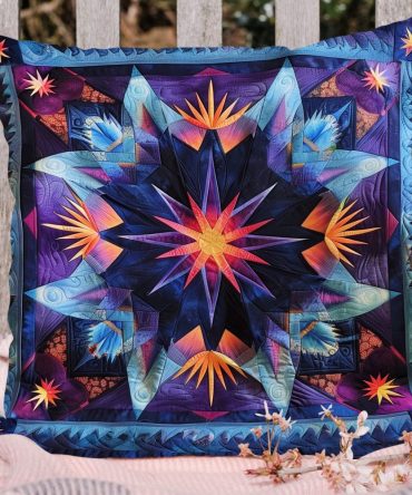 Feathered Night Sky Quilted Pillow Cover - Feather & Star Motif Pillowcase, Navy Quilting, Soft Cotton, Elegant Bedroom Accent