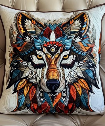 Feathered Wolf Spirit Quilted Pillow Cover — Artistic Bohemian Cushion Case With Feather Accents And Soft Quilting For Trendy Home Styling
