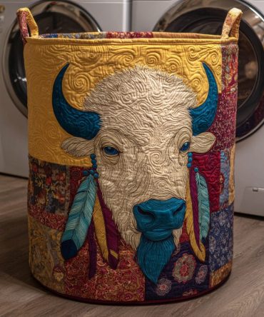 Feathered Bison Spirit Quilted Laundry Hamper — Native-Inspired Design, Durable Collapsible Hamper With Reinforced Handles & Stable Base