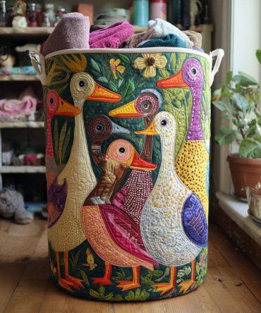 Feathered Fancies Quilted Laundry Hamper — Elegant Bird Motif Fabric Basket, Large Collapsible Washable Hamper With Handles For Home Decor