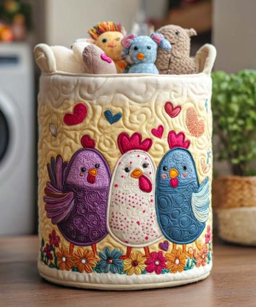 Feather Motif Quilted Laundry Hamper — Decorative Fabric Laundry Basket, Collapsible, Padded Handles For Stylish Home Storage