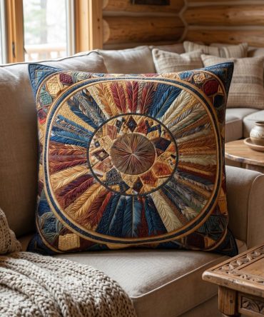Feathered Pathways Boho Quilted Pillow Cover — Feather Print Decorative Throw For Sofa, Bed, Eclectic & Bohemian Home Styles