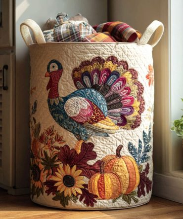 Feathers & Thanks Quilted Laundry Hamper — Thanksgiving Feather Motif Fabric Basket, Collapsible Design With Handles For Easy Carry & Storage