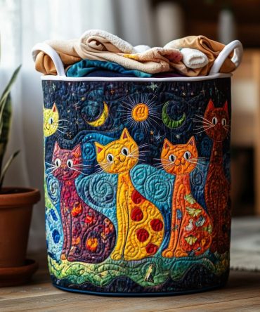 Feline Dreams Quilted Laundry Hamper - Elegant Cat-Themed Soft Quilted Laundry Basket, Large Foldable Organizer With Reinforced Handles