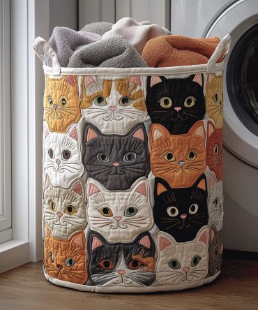 Feline Cozy Quilted Laundry Hamper – Soft Cat Print Foldable Laundry Basket, Quilted Decorative Storage For Cat Lovers