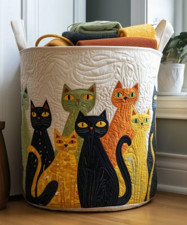 Feline Fancy Quilted Fabric Laundry Hamper — Elegant Cat Print Foldable Laundry Basket With Reinforced Handles For Bedroom & Nursery