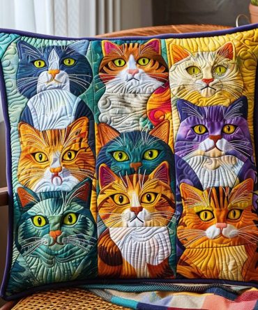 Feline Fantasy Quilted Pillow Cover - Decorative Cat Pillow Sham, Soft Quilted Cotton, Colorful Accent For Living Room Or Bed